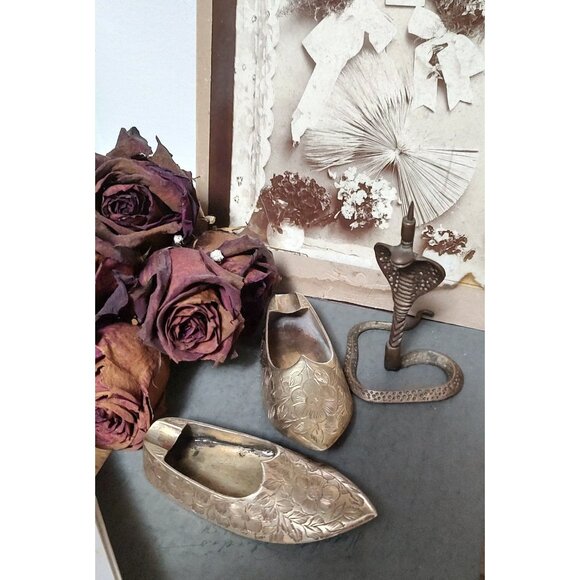 Set Of Vintage Brass Asian Slippers | Etched | Shelf Decor - Picture 4 of 10